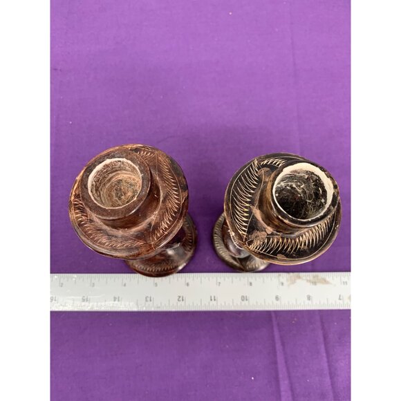 Soapstone Handcarved Candleholders Spiral Tapers 5.5  & 6 Inch Brown Carved - Picture 2 of 7